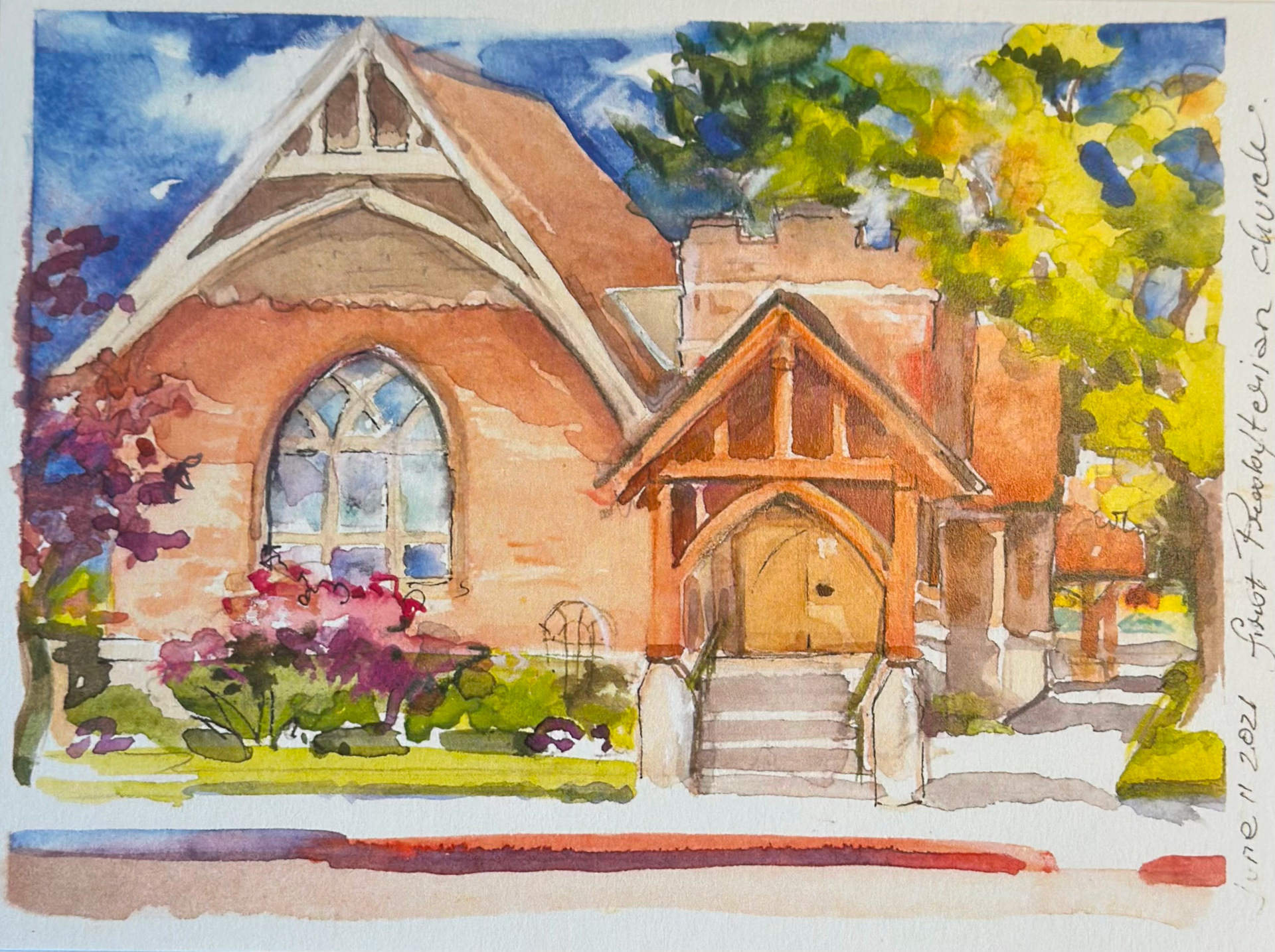 2021 water color painting of First Presbyterian Church of Sandpoint